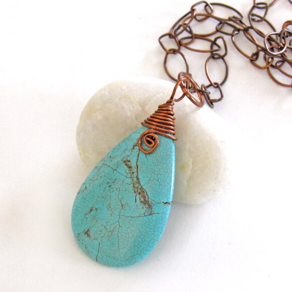 Handmade Wire Wrapped Turquoise Magnesite Stone Pendant on Copper Chain Necklace - Picture 2 of 4